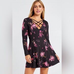 Mudd Black and Pink Floral Long Sleeve Dress with Crisscross Neckline. Size M.